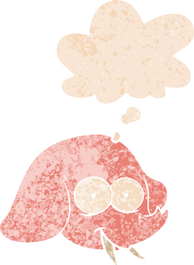 Düşünce baloncuklu çizgi film fili suratı bir insan tarafından çizilmiş dertli retro desenli.