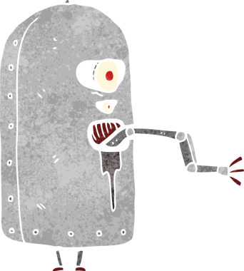 Bir insan tarafından çizilmiş hantal, yaşlı bir robot.