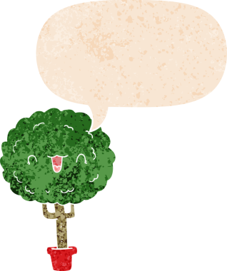 bir insan tarafından çizilmiş grunge sıkıntılı retro desenli konuşma balonu ile çizgi film mutlu ağaç