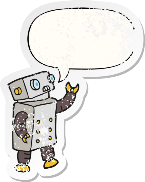 Konuşma baloncuğu olan karikatür robotu bir insan tarafından çizilmiş sıkıntılı eski bir çıkartma