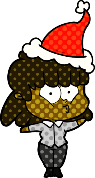 Bir insan tarafından çizilmiş Noel Baba şapkası giyen bir kızın el çizimi çizgi roman tarzı çizimi.