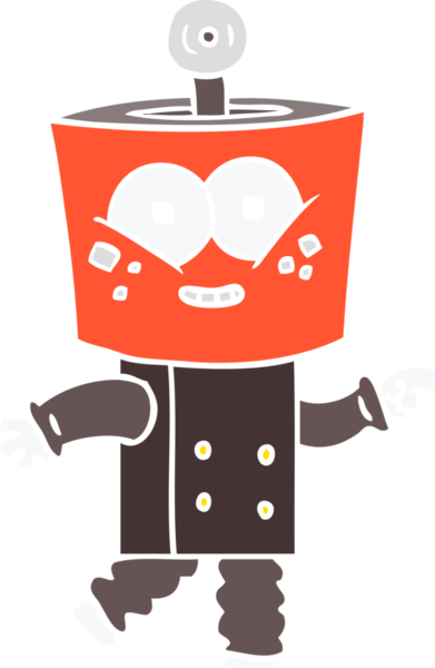 Mutlu düz renkli çizgi film robotu bir insan tarafından çizilmiş.