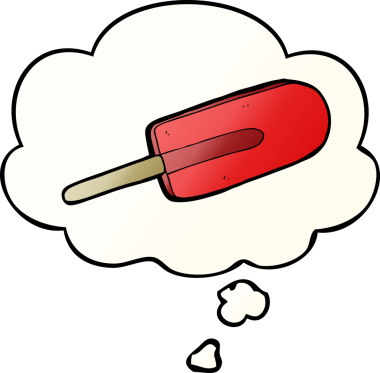 Karikatür buz lolipopu. Düşünce baloncuğu bir insan tarafından çizilmiş.