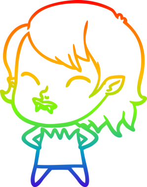 Gökkuşağı gradyan çizgisi. Bir insan tarafından çizilmiş yanağında kan olan vampir bir kız çizgi filmi.