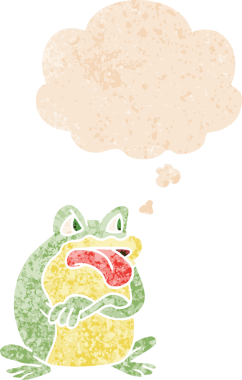 Grunge 'da düşünce baloncuğu olan huysuz çizgi film kurbağası insan tarafından çizilmiş desenli.