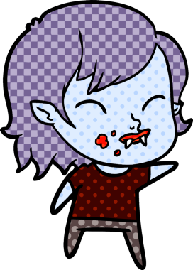 Bir insan tarafından çizilmiş yanağında kan olan vampir kız çizgi filmi.