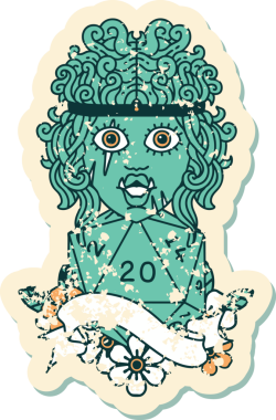 Retro Dövme Biçimi Yarı Ork Barbar Karakteri Bir insan tarafından çizilmiş 20 zar ile