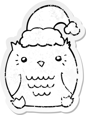 Bir insan tarafından çizilmiş Noel şapkası giyen sevimli bir baykuşun sıkıntılı çıkartması.