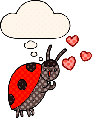 Bir insan tarafından çizilmiş çizgi roman tarzında düşünce baloncuğuna aşık tatlı uğur böceği.