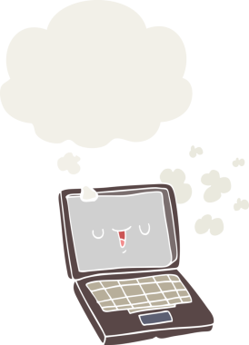 Düşünce baloncuklu karikatür bilgisayarı bir insan tarafından çizilmiş.