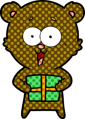 Bir insan tarafından çizilmiş Noel hediyeli gülen oyuncak ayı.