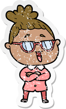 Bir insan tarafından çizilmiş gözlük takan mutlu bir kadının sıkıntılı çıkartması.