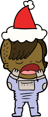 Uzay elbisesi içinde Noel Baba şapkası takan havalı bir hippi kızın insan tarafından çizilmiş el çizimi.