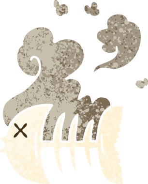 Retro illüstrasyon tarzı tuhaf karikatür ölü balık iskeleti bir insan tarafından çizilmiş.