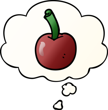 Düşünce baloncuğu olan karikatür kirazı bir insan tarafından çizilmiş.