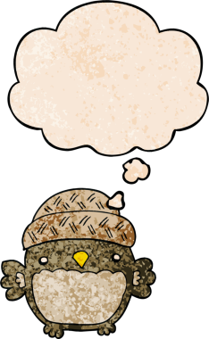 Bir insan tarafından çizilmiş grunge desenli düşünce baloncuğu olan şapkalı sevimli çizgi film baykuşu.