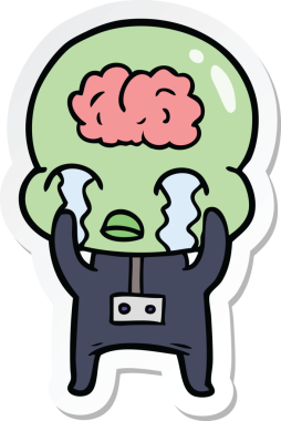 Bir çizgi film çıkartması. Bir insan tarafından çizilmiş büyük beyinli uzaylı ağlaması.