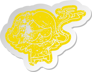 Sıkıntılı eski karikatür çıkartması. Şirin kawaii bir insan tarafından çizilmiş esrar içiyor.