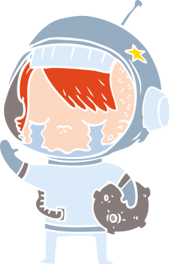 Düz renkli çizgi film ağlayan astronot kız bir insan tarafından çizilmiş kaya örneğini taşıyor.