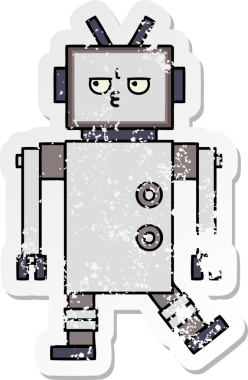 Bir insan tarafından çizilmiş sevimli bir robot çizgi film çıkartması.