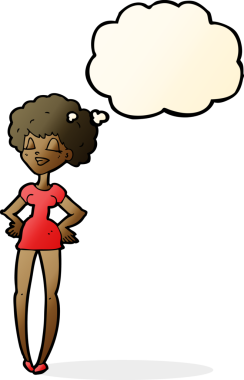 Bir insan tarafından çizilmiş düşünce balonlu ellerle mutlu bir kadın.