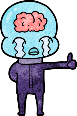 Karikatür büyük beyin uzaylıları ağlıyor ama bir insan tarafından çizilmiş baş parmak işareti veriyor.