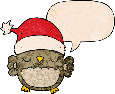 Bir insan tarafından çizilmiş geçmişe dönük konuşma baloncuklu şirin noel baykuşu.