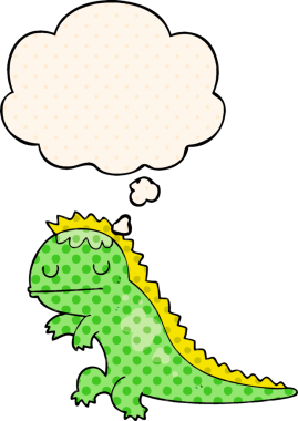 Çizgi roman tarzında bir insan tarafından çizilmiş düşünce baloncuklu bir dinozor.