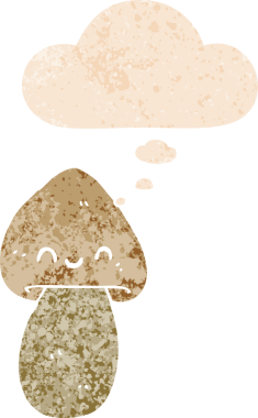 Düşünce baloncuklu çizgi film mantarı grunge sıkıntılı retro desen bir insan tarafından çizilmiş