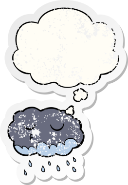 Düşünce baloncuklu karikatür yağmur bulutu insan tarafından çizilmiş yıpranmış bir çıkartma.