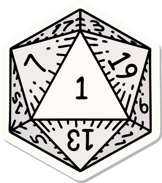 Bir insan tarafından çizilmiş doğal 1 D20 zar etiketi.