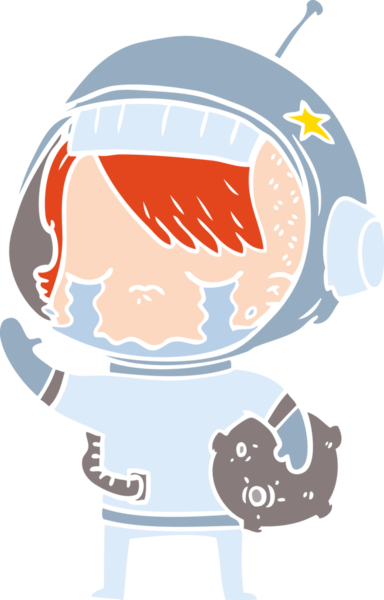 Düz renkli çizgi film ağlayan astronot kız bir insan tarafından çizilmiş kaya örneğini taşıyor.