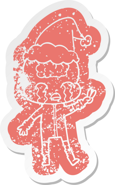 Büyük beyinli bir uzaylının ağlayan ve Noel Baba şapkası takarak barış işareti veren garip bir karikatür.