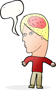 Bir insan tarafından çizilmiş konuşma balonlu beyin sembollü çizgi film adamı.