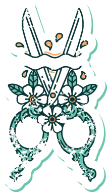 Bir insan tarafından çizilmiş berber makasının ve çiçeklerin sembolik dövmesi.