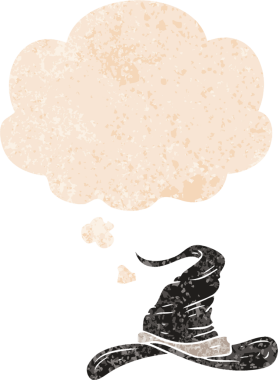 çizgi film sihirbazı şapkası ve grunge içinde düşünce baloncuğu bir insan tarafından çizilmiş sıkıntılı retro dokuma tarzı