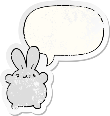 Konuşma baloncuğu olan çizgi film tavşanı bir insan tarafından çizilmiş sıkıntılı eski bir çıkartma