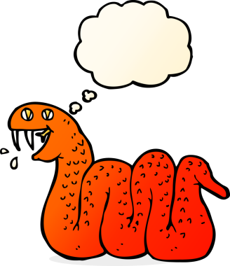 Bir insan tarafından çizilmiş düşünce baloncuklu çizgi film yılanı.