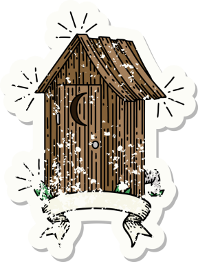 Dövme stili eski bir çıkartma. Bir insan tarafından çizilmiş açık hava tuvaleti.