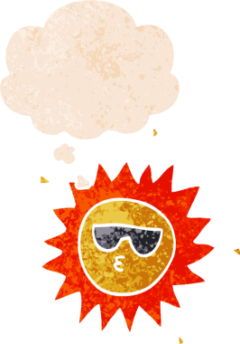 Düşünce baloncuklu karikatür güneşi bir insan tarafından çizilmiş sıkıntılı retro stil