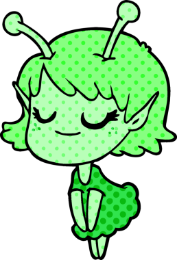 Bir insan tarafından çizilmiş gülümseyen uzaylı kız çizgi filmi.