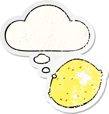 Düşünce baloncuklu çizgi film limonu bir insan tarafından çizilmiş yıpranmış bir çıkartma gibi.
