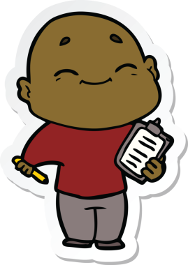 Bir insan tarafından çizilmiş mutlu, kel bir adamın çıkartması.