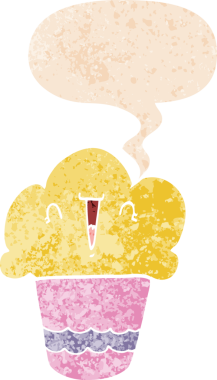 Yüzü konuşma baloncuğu olan, grunge 'da sıkıntılı, desenli bir insan tarafından çizilmiş bir kek.