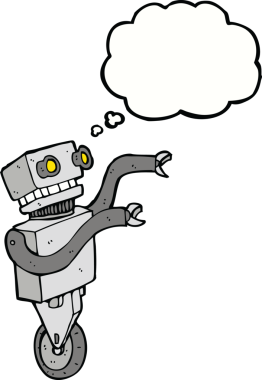 Bir insan tarafından çizilmiş düşünce baloncuklu komik robot.