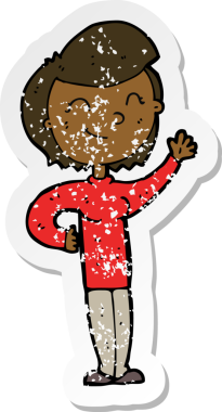 Bir insan tarafından çizilmiş, karikatür dostu, el sallayan bir kadının gerilimli çıkartması.