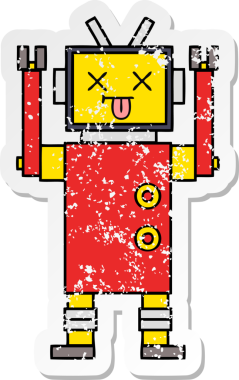 Bir insan tarafından çizilmiş sevimli bir robot çizgi film çıkartması.