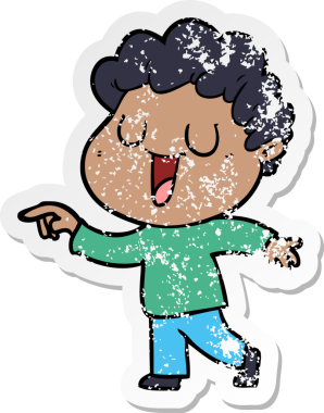 Bir insan tarafından çizilmiş, gülen bir çizgi film karakterinin sıkıntılı çıkartması.