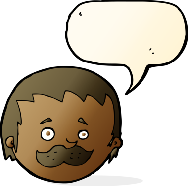 Bir insan tarafından çizilmiş konuşma balonlu bıyıklı bir çizgi film adamı.