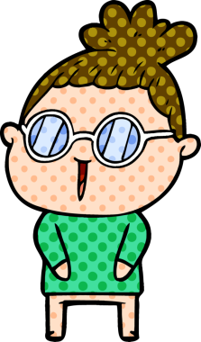 Bir insan tarafından çizilmiş gözlüklü bir karikatür kadın.